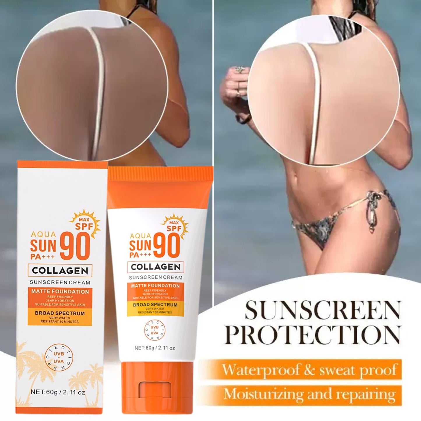 HUOWEH 60g Sun Block,Sun Cream Face,Collagen Sunscreen SPF 90 PA+++, Ultra High Protection Face Moisturizer with 36HR Hydration, Water-Resistant (80 Min), Non-Sticky & Sweat-Resistant
