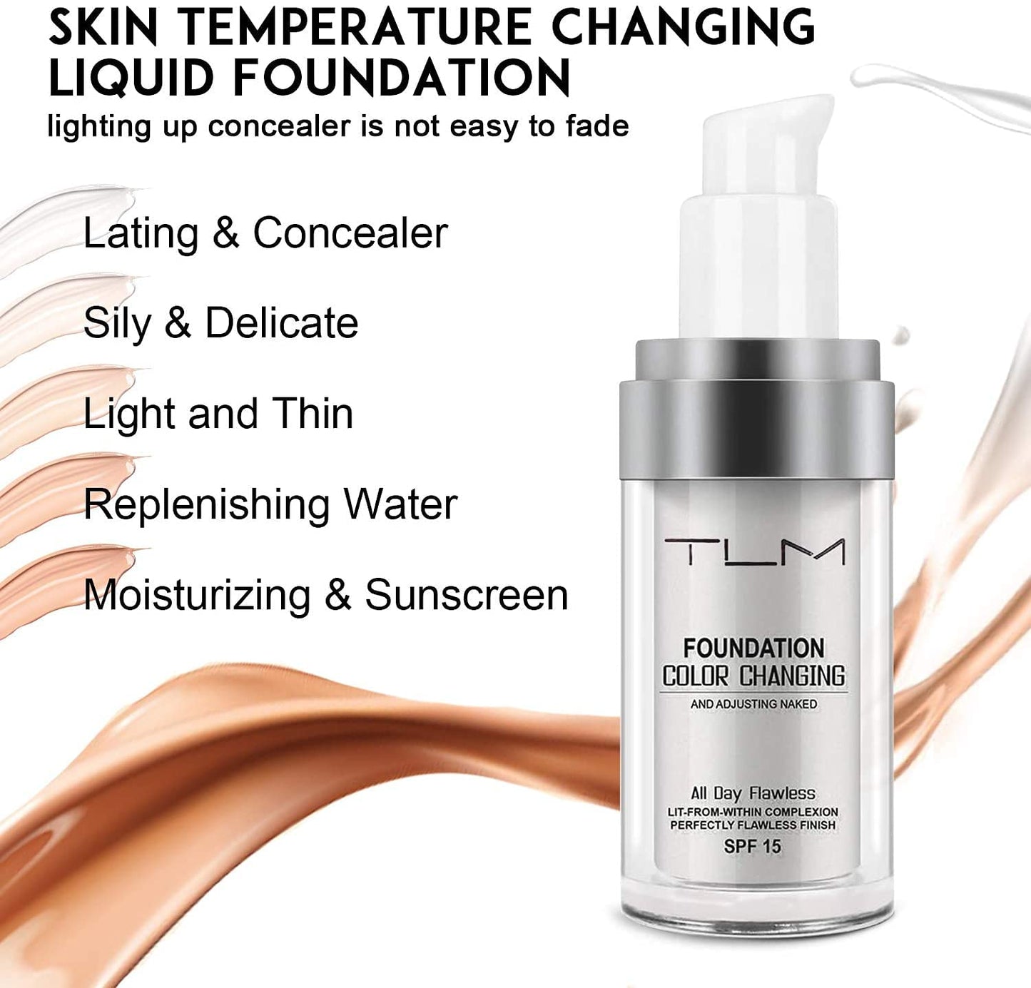 HZZYJ Flawless Colour Changing Foundation, Liquid Foundation Makeup Face ,Liquid Cover Concealer Warm Skin Tone Foundation,Base Nude Face Moisturizing SPF 15 for All Skin Types