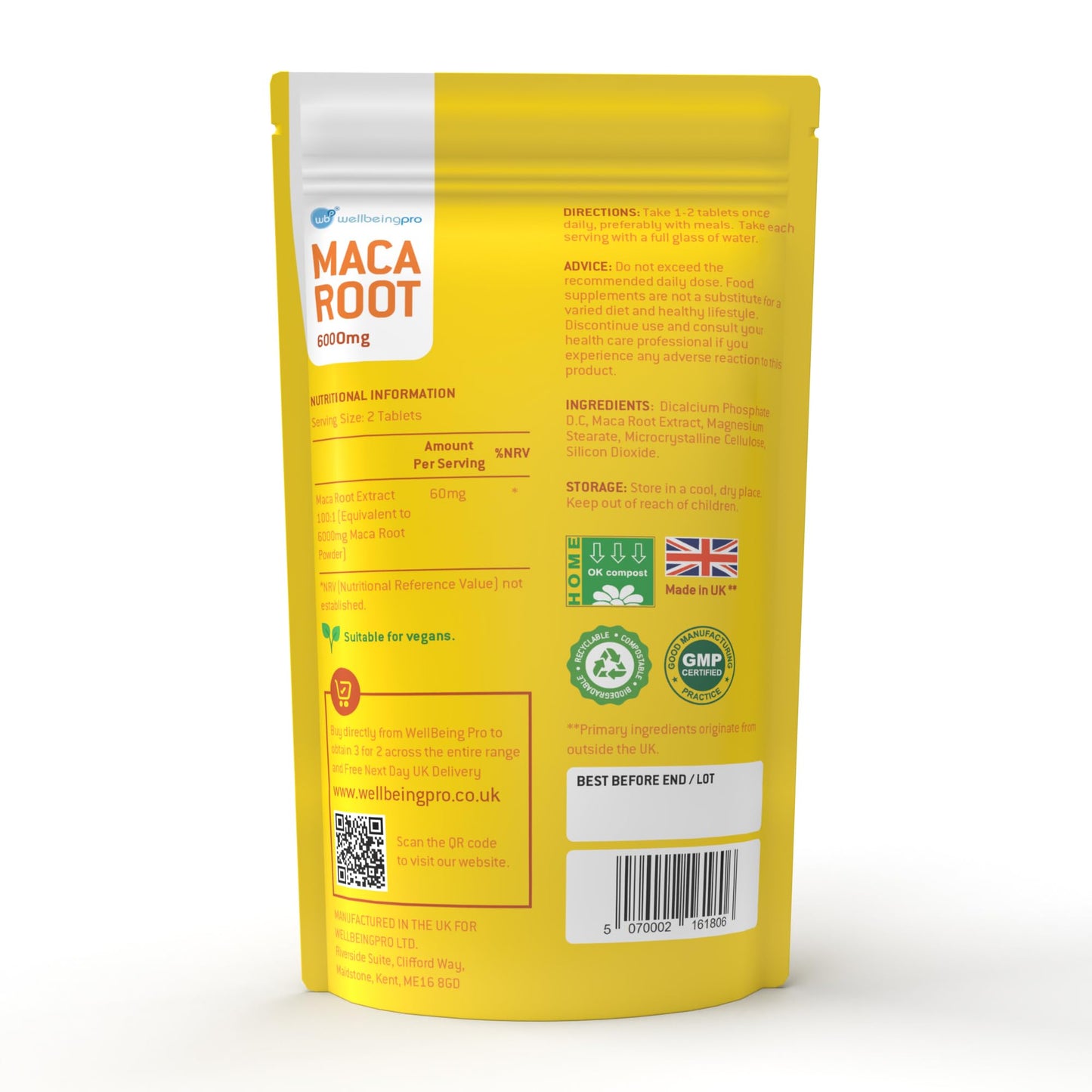 WBP Maca Root 6000mg Tablets (6 Month Supply) - Super Strength Vegan Extract - Eco & Letterbox-Friendly Compostable Packaging - Premium Quality GMP Certified Peruvian Maca Made in the UK - 180 Tablets