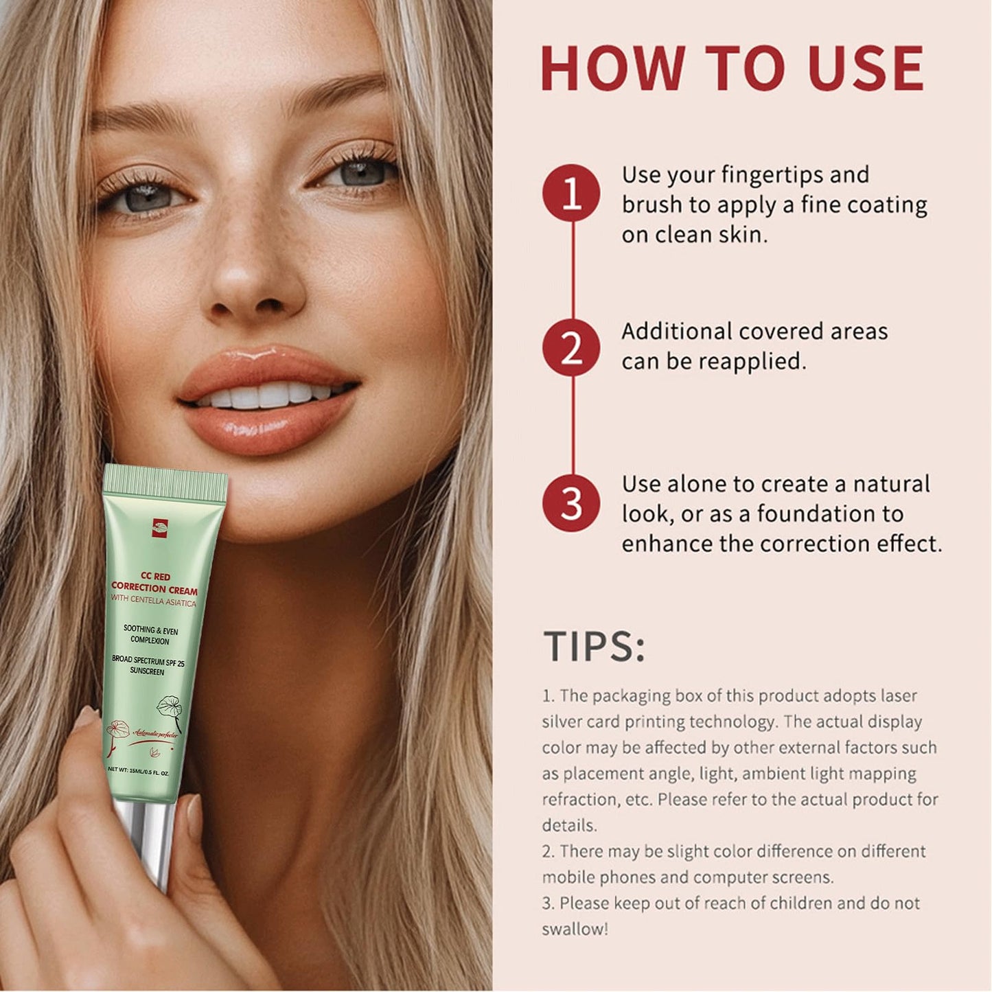 BloomBelle CC Red Correct with Centella Asiatica, Colour Corrector Cream, Skin Perfector Tinted Moisturiser, Pores Face Concealer, CC Cream Light With SPF 25 For Blemishes, Red Skin, & AcneMark