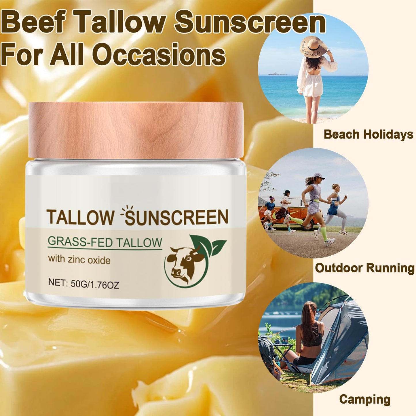Trendyfave Beef Tallow Sunscreen SPF 50 Deeply Nourishing Organic Grass Fed Beef Tallow Skin Care Tallow Balm Beef Tallow Cream Face Cream For Dry Skin, Nourishing MoisturizerNatural, Skin Barrier (2 Pcs)