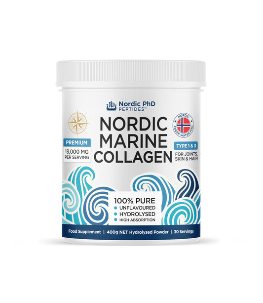 Nordic PhD Peptides Nordic Marine Collagen Powder - 100% Pure Hydrolysed Collagen Peptides - Type I & III - 13,000mg Per Serving - High Absorption - Unflavoured - 400g | 30 Servings
