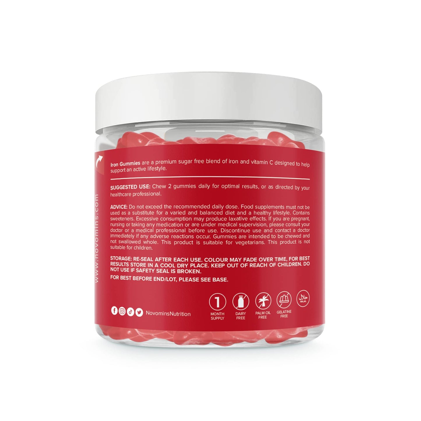 Iron Gummies – Sugar Free - High Strength Iron Supplement for Women and Men – Vegan – 1 Month Supply – Chewable Iron Gummies - Immunity & Energy Supplements for Adults - Made by Novomins