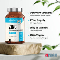 Zinc Tablets High Strength - 25mg Elemental Zinc – 365 Vegan Tablet Pills (1 Year Supply) – Zinc Gluconate - Chelated Zinc Supplements for Immune System, Hair, Skin, Bones, Nails – Made by VitaBright