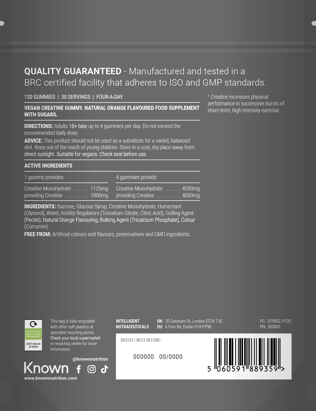 Known Vegan Creatine Gummies Value Pouch – 4500mg Creatine Monohydrate – Orange Flavour – 120 Gummies 30 Days Supply – Third-Party Tested