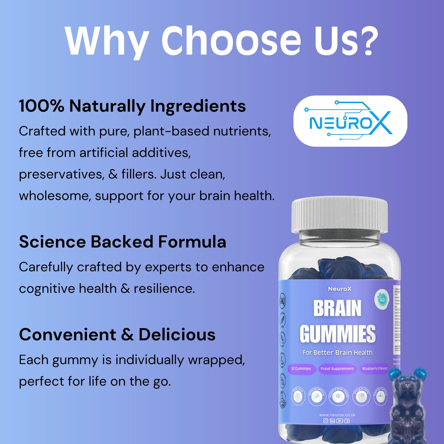 NeuroX Brain Gummies – Focus, Memory & Stress Support – Ashwagandha, DHA & Magnesium – Sugar Free – 60 Gummies