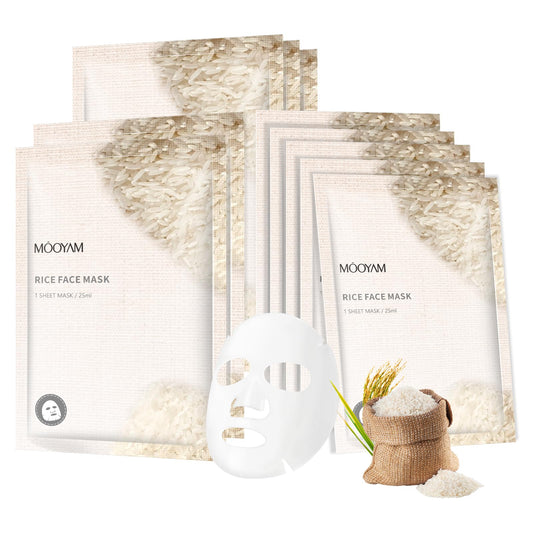 Pack of 10 Sheet Rice Face Masks, Hydrate, Moisturizing, Beauty Face Care Masks Skincare with Vegan Plant Extracts
