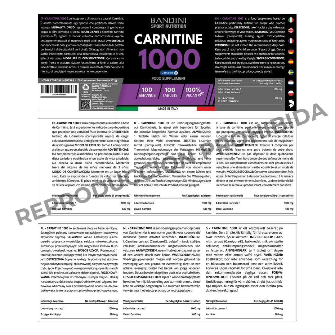 BANDINI Bandini® L CARNITINE 1000-100 Tablets with Carnipure® (100 doses, 100 days) - Supplement with Vegan L-Carnitine Tartrate - Pure Carnitine for Athletes and Sportspeople - Energy, Endurance and Recovery