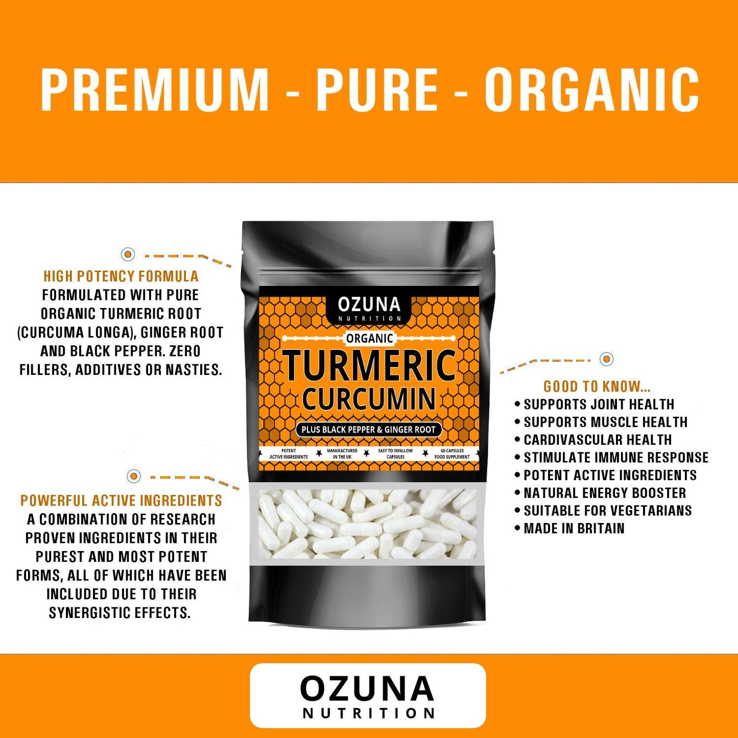 OZUNA NUTRITION Organic Turmeric Capsules High Strength Curcumin with Black Pepper and Ginger 1812mg | 60 Capsules