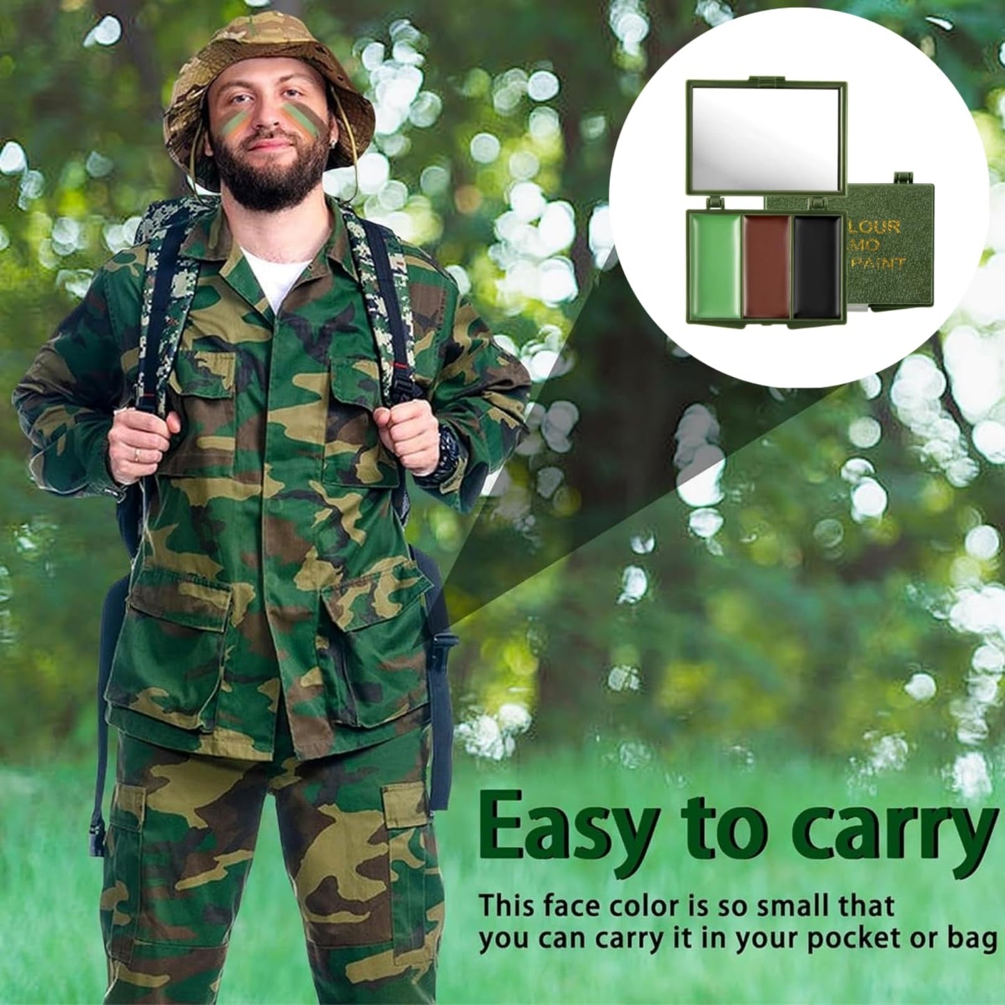 Fankayi 3 Color Camo Face Paint,Army Face Paint,Long Lasting Paint,Face Paint Palette,Waterproof Face Paint,Camouflage Makeup for Face,Suitable for Military Training & Outdoor Survival (Black/Brown/Green)