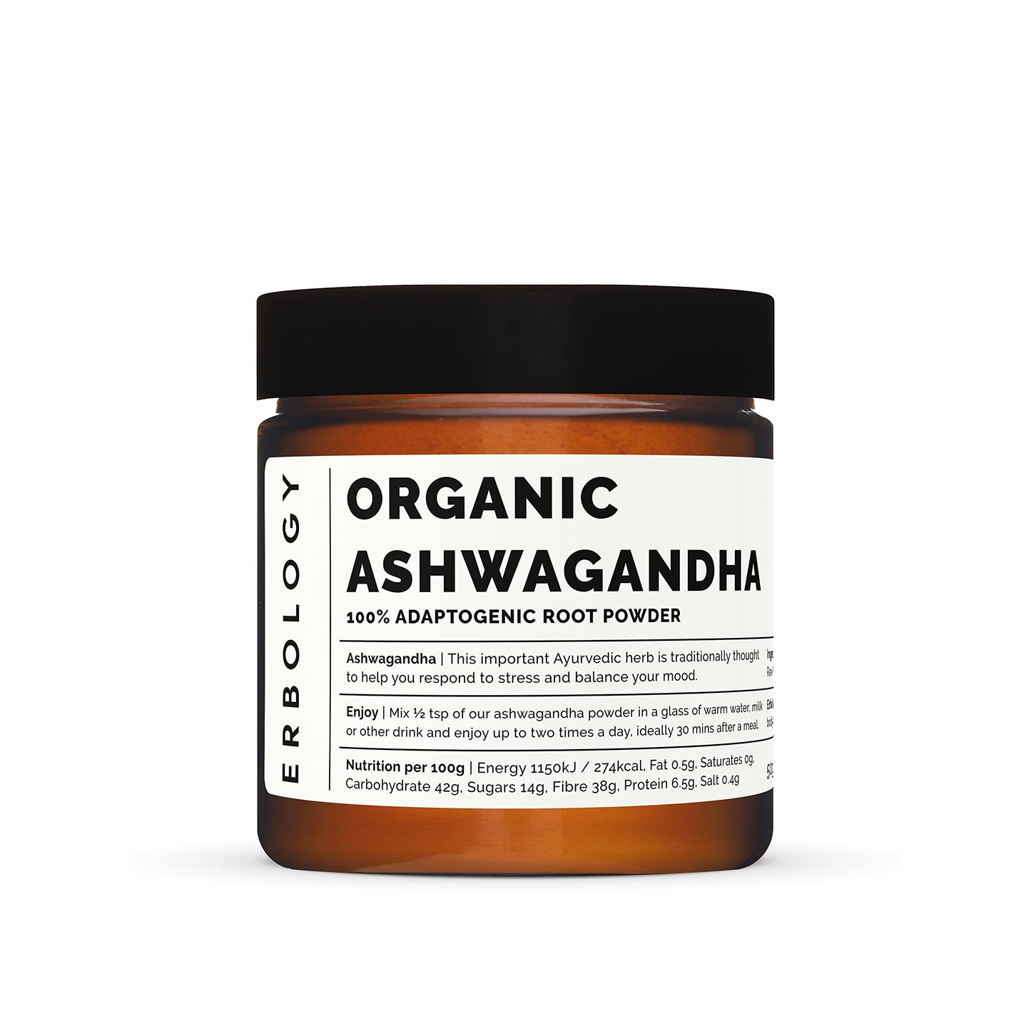 Erbology 100% Organic Ashwagandha Powder 50g - Sleep Aid - Straight from Farm - Raw, Vegan and Gluten-Free - Non-GMO - No Additives or Preservatives - Recyclable Glass Jar