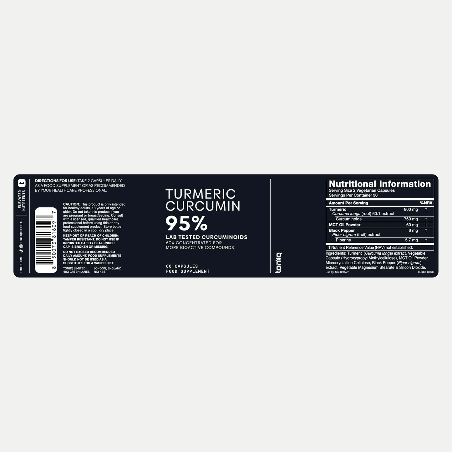 Toniiq Turmeric Curcumin - Ultra High Potency 60:1 Extract with 95% Curcuminoids - 800mg Per Serving - Black Pepper & MCT Oil for Enhanced Absorption - Third-Party Lab Tested - 60 Capsules