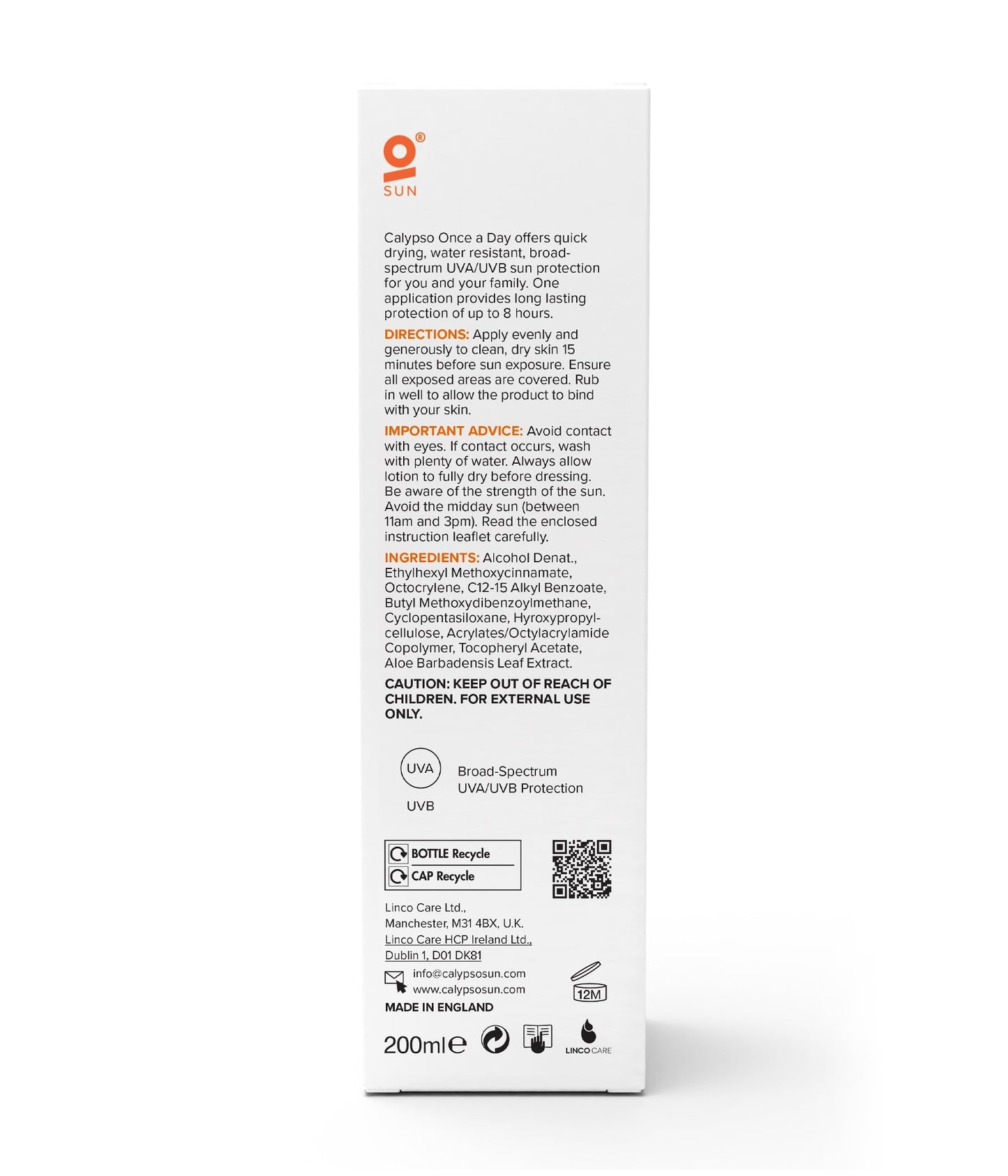 Calypso Once A Day Sun Protection Lotion SPF20 | 8 Hours Sun Protection | Non Greasy | Superior 4 Start UVA Rating - 200 ml CALC20L