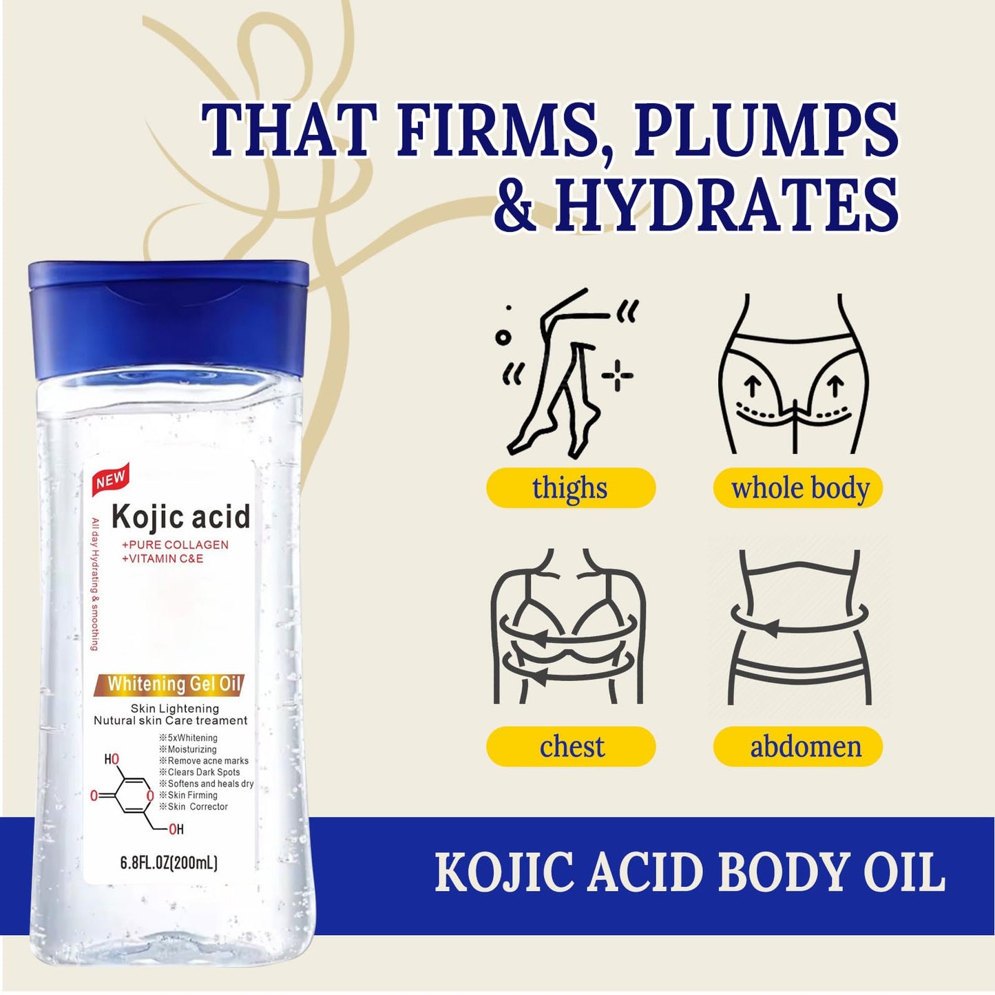 BloomBelle Kojic Acid Body Oil for Women, Essential Oils for Skin, Kojic Acid Gel Facial Oil with Pure Collagen, Smoothing Massage Oil, Wrinkle and Aging Body Moisturizer, Dark Spots Remover