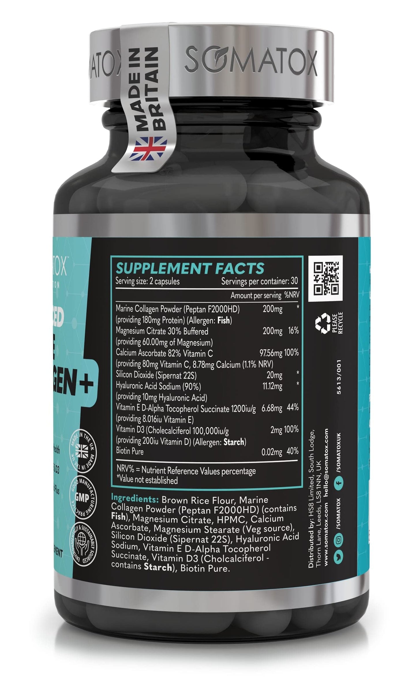 Somatox New Advanced Marine Collagen Plus – with HLX-BIOTIN™ Complex - Hydrolysed Type 1 with Hyaluronic Acid Plus & Vitamins C, E & D3-30 Day Supply Veg Capsules – Made UK GMP Certified