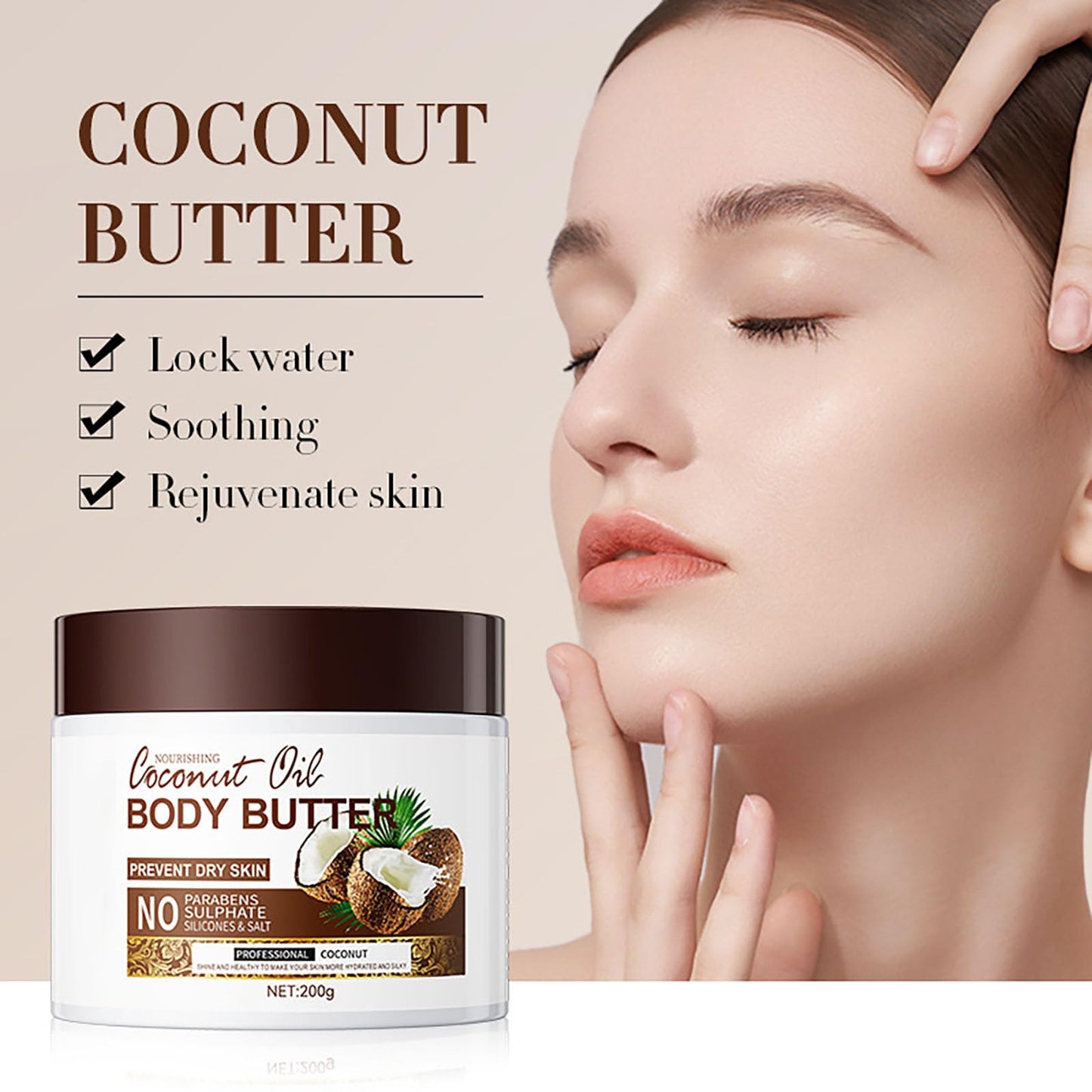 Coconut Body Butter 200g - Body Butter for Dry Skin - Skin Care Body Moisturiser - Natural Coconut Oil Body Cream - Coconut Butter for Moisturizing, Nourishing, Soothing, Hydrating, Create Silky Skin
