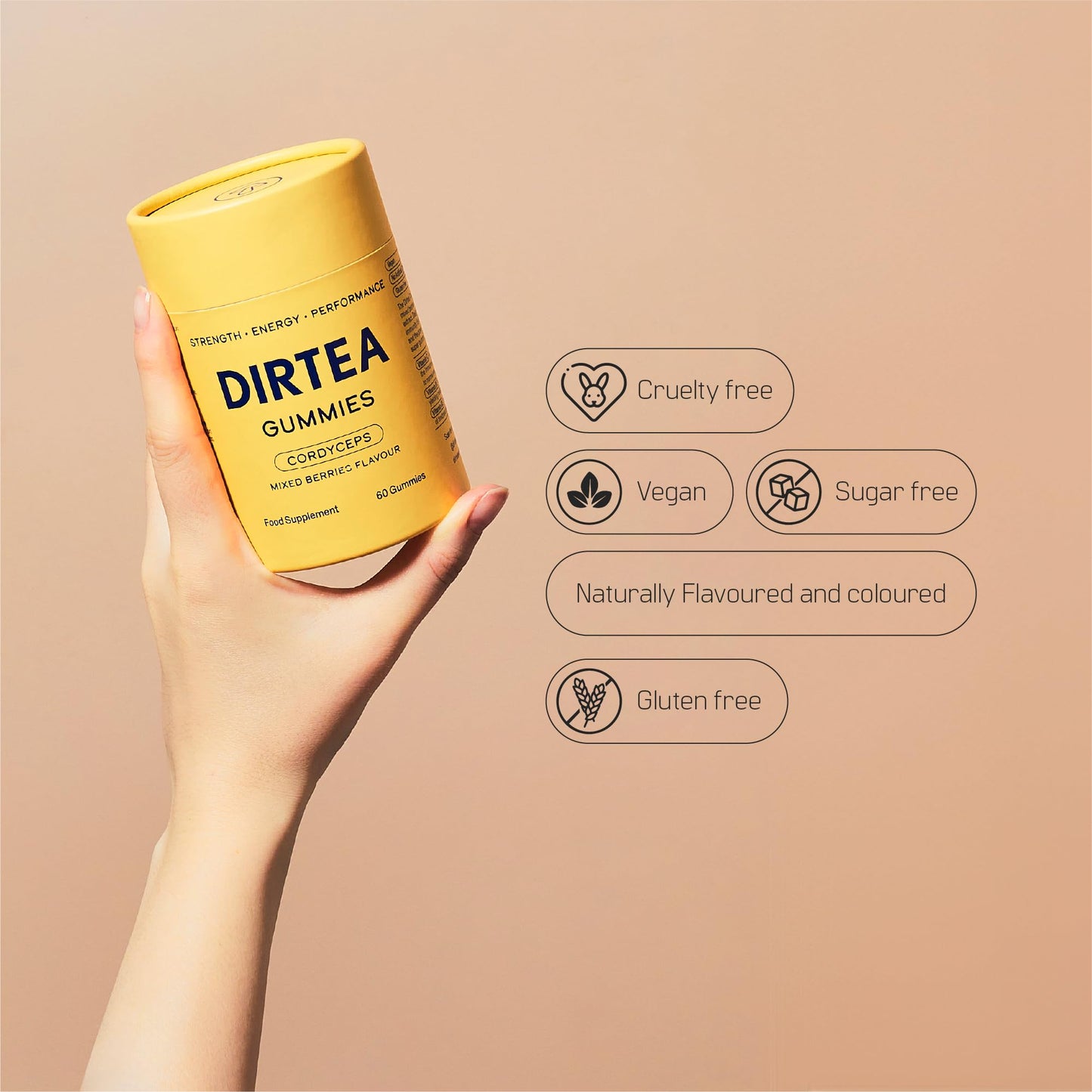 DIRTEA 60 Cordyceps Mushroom Gummies | 3,000mg / Serving | Vegan, Natural & Sugar Free | Vitamin C, B3 & B5 | Energy & Performance Supplement | 60 Gummies (30 Servings) - Mixed Berries Flavour