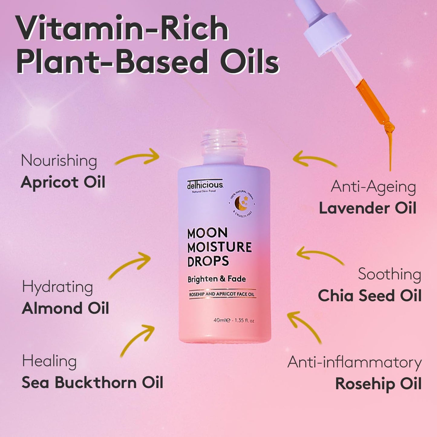Delhicious Anti-Ageing Overnight Face Drops - Hydrating Face Serum & Scar Treatment - Nourishing & Brightening - Moon Moisture Apricot & Rosehip Oil - Natural, Vegan, Ayurveda - 40ml