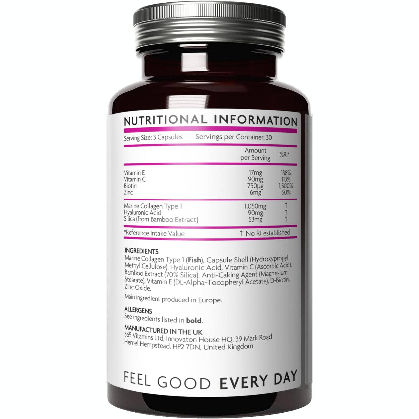 Premium Collagen Supplements for Women - High Strength Marine Collagen with Hyaluronic Acid, Biotin, Vitamin C & E - Supports Radiant Skin, Hair & Nails - UK Made - 90 Capsules