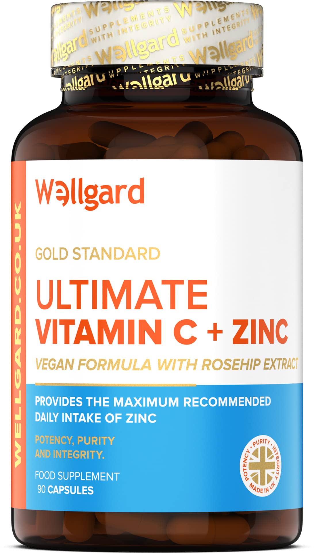 Wellgard Vegan Vitamin C and Zinc - Maximum Recommended Daily Intake of Zinc, Made in UK