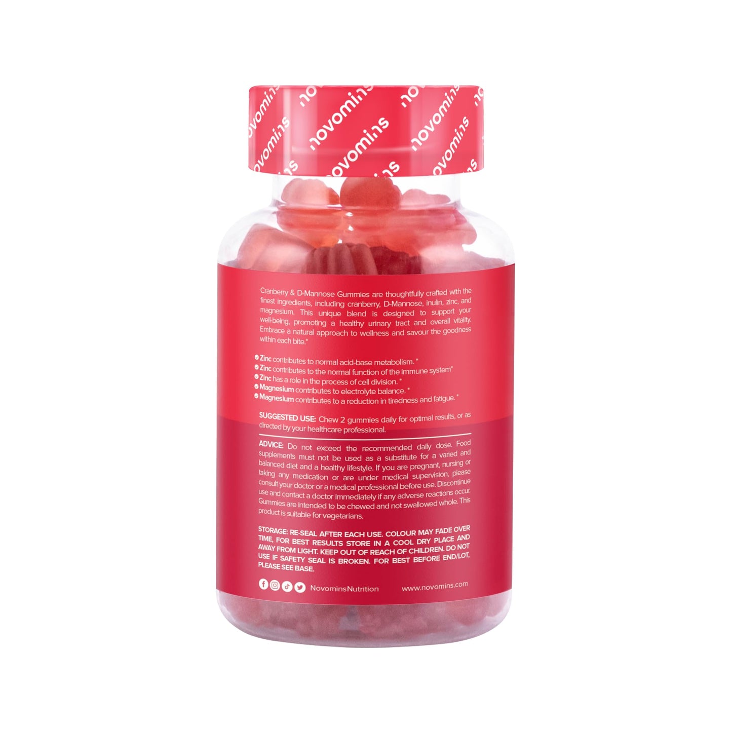 Novomins Cranberry & D Mannose Gummies - Cranberry Supplement for Urinary Tract Health and Better Bladder Control - With Zinc, Magnesium, and D-Mannose Powder - Vegan & Gluten-Free - 60 Inulin Gummies