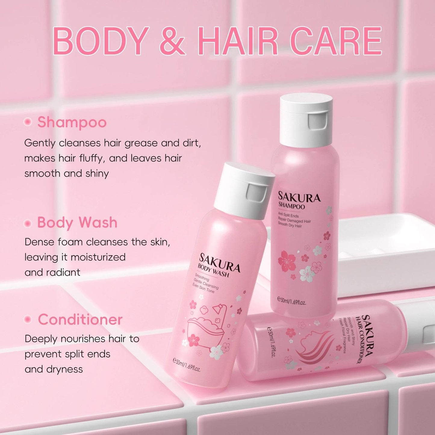 AuraBeen Sakura Shower Gift Set for Women - Travel Size 3-in-1 Bath & Hair Care Kit- Shampoo, Conditioner, Body Wash