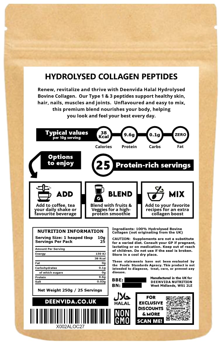 DEENVIDA NUTRITION Halal Bovine Hydrolysed Collagen Peptides Powder, Type 1 & 3 Collagen, for Hair, Skin, Nails and Joints, for Women & Men, Gluten-Free & Dairy-Free Protein, Unflavoured, DeenVida Nutrition