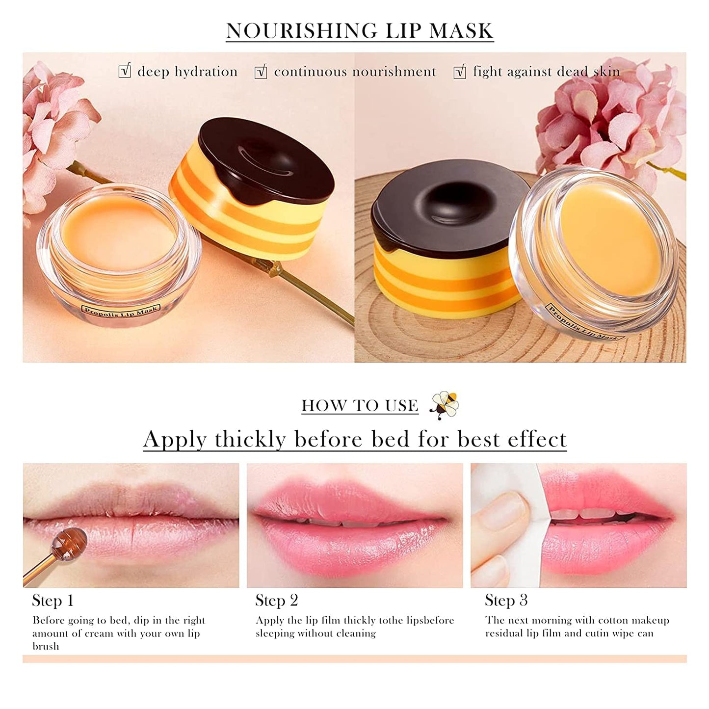 KYDA Honey+Strawberry Bee Balm Lip Mask Set, Propolis Moisturizing Lip Mask for Day&Night Lip Care, Lighten Dark Lip Color Reduce Lip Lines&Wrinkle, Lip Repair Mask Lip Exfoliator Lip Moisturizer, 2