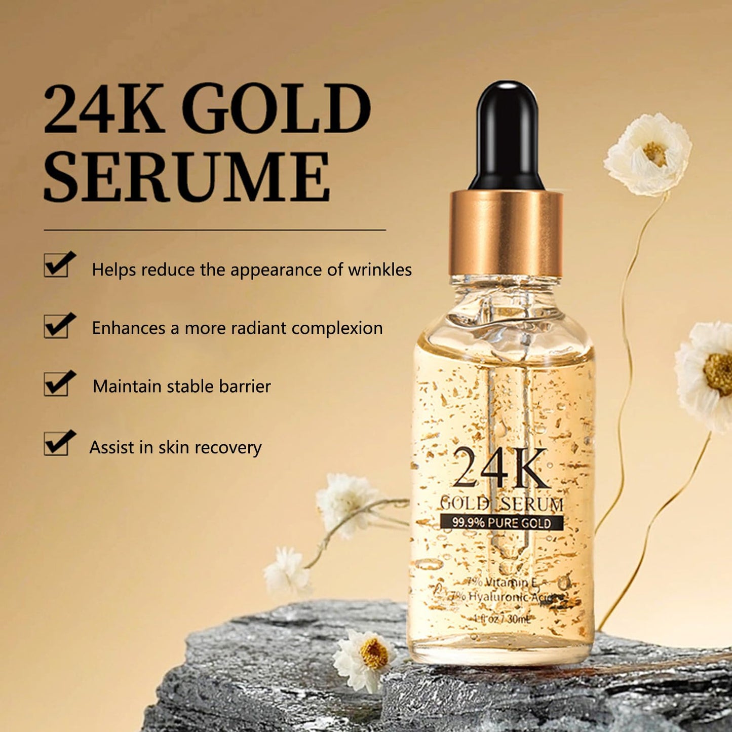 AuraBeen 24K Gold Face Serum with Vitamin E and Hyaluronic Acid - Deep Moisturizing, Pure Gold Serum Targeting Signs of Aging, Suitable for a Wide Range of Skin Types - 30ml