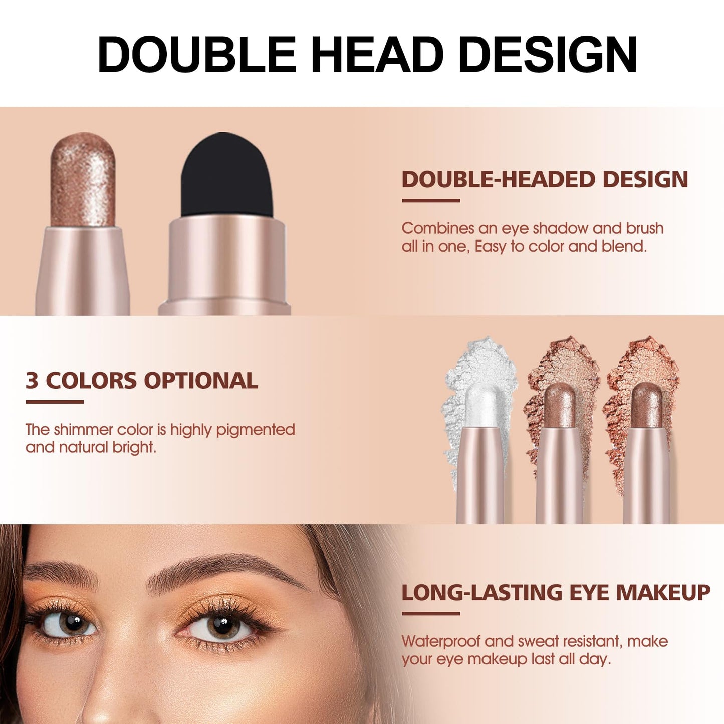 Allony Glitter Eyeshadow Stick, Cream Eyeshadow Stick, Pearlescent Double-Ended Eyeshadow Stick, Highly Pigmented, Smooth and Easy to Apply, Gold Eyeshadow for Golden Eye Makeup-178