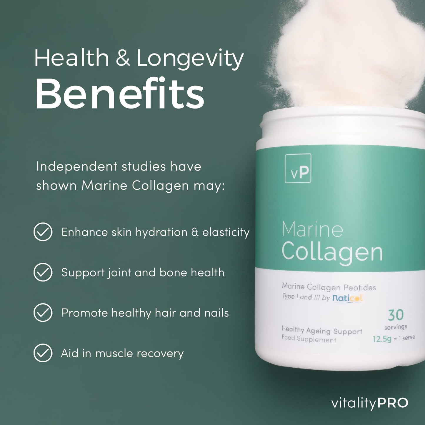 vP Vitality Pro Marine Collagen 375g - 12.5g x 30 Servings - Naticol® Type 1 and 3 - Vitality Pro Hydrolysed Collagen Peptides Supplement - 375 Grams