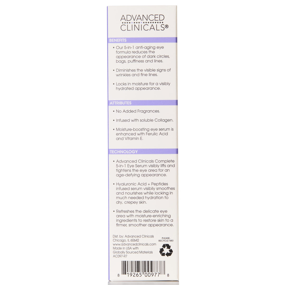 Advanced Clinicals 5-in-1 Multi Correction Anti-Aging Eye Serum with Retinol Collagen Vitamin C and Manuka Honey. For dark circles wrinkles crow's feet fine lines. Large 2oz airless tube.