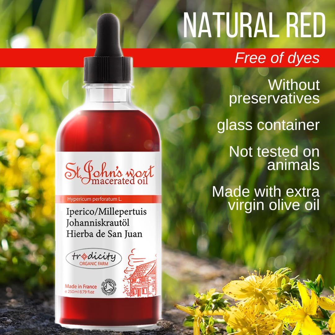 tradicity ORGANIC FARM St Johns Wort Muscle & Joint Massage Therapy Oil. Firming Anti Celullite Body Oil. Pregnancy Stretch Mark. Body, Face and Hair Moisturiser Oil. Anti Aging Night Serum 250 ml