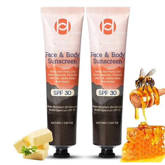 TBeautfave 2PCS Beef Tallow Sun Screen SPF 30, Natural Mineral Sunscreen SPF 30 - Natural Tallow & Zinc Oxide, Organic Sunscreen for Face & Body, Moisturizing Hydrating, No Sticky, Lightweight, 2PCS*80g