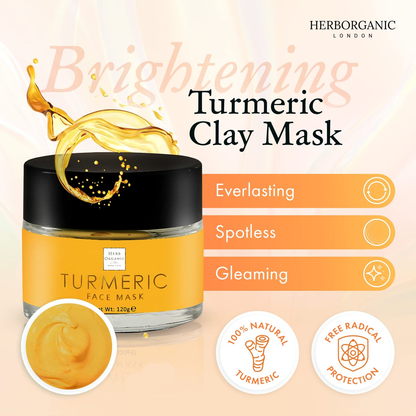 Herborganic Turmeric Clay Face Mask – For Detoxification and Hyper-Pigmentation – 120 g – Acne Treatment and Deep Cleansing with Aloe Vera and Jojoba Oil