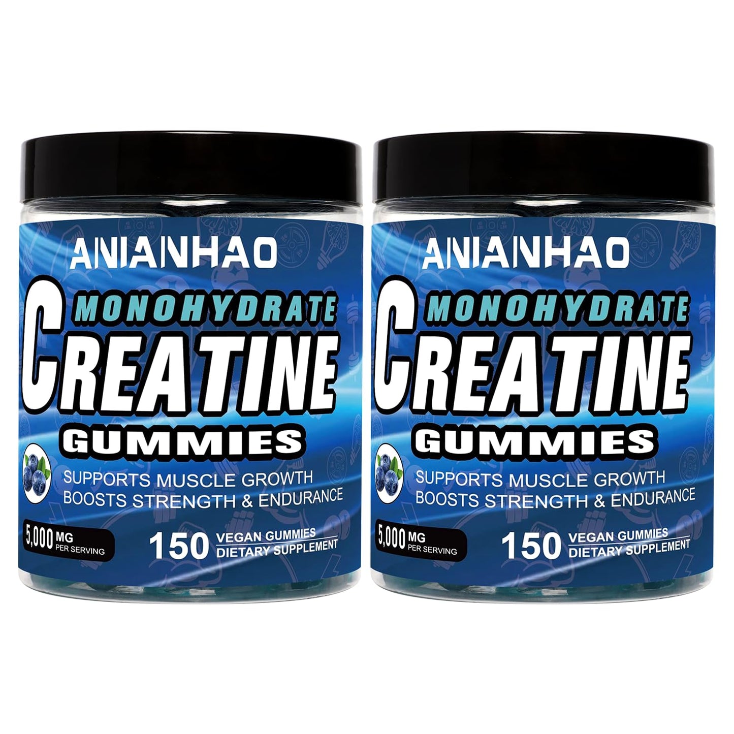 ANIANHAO Creatine Gummies 5000mg 150 Gummies Creatine Monohydrate Gummies - Berry Flavoured Creatine - Pre Workout Gym Supplement for Men & Women - Vegan Chews Chewable Max recommneded Strength (2Bottle)