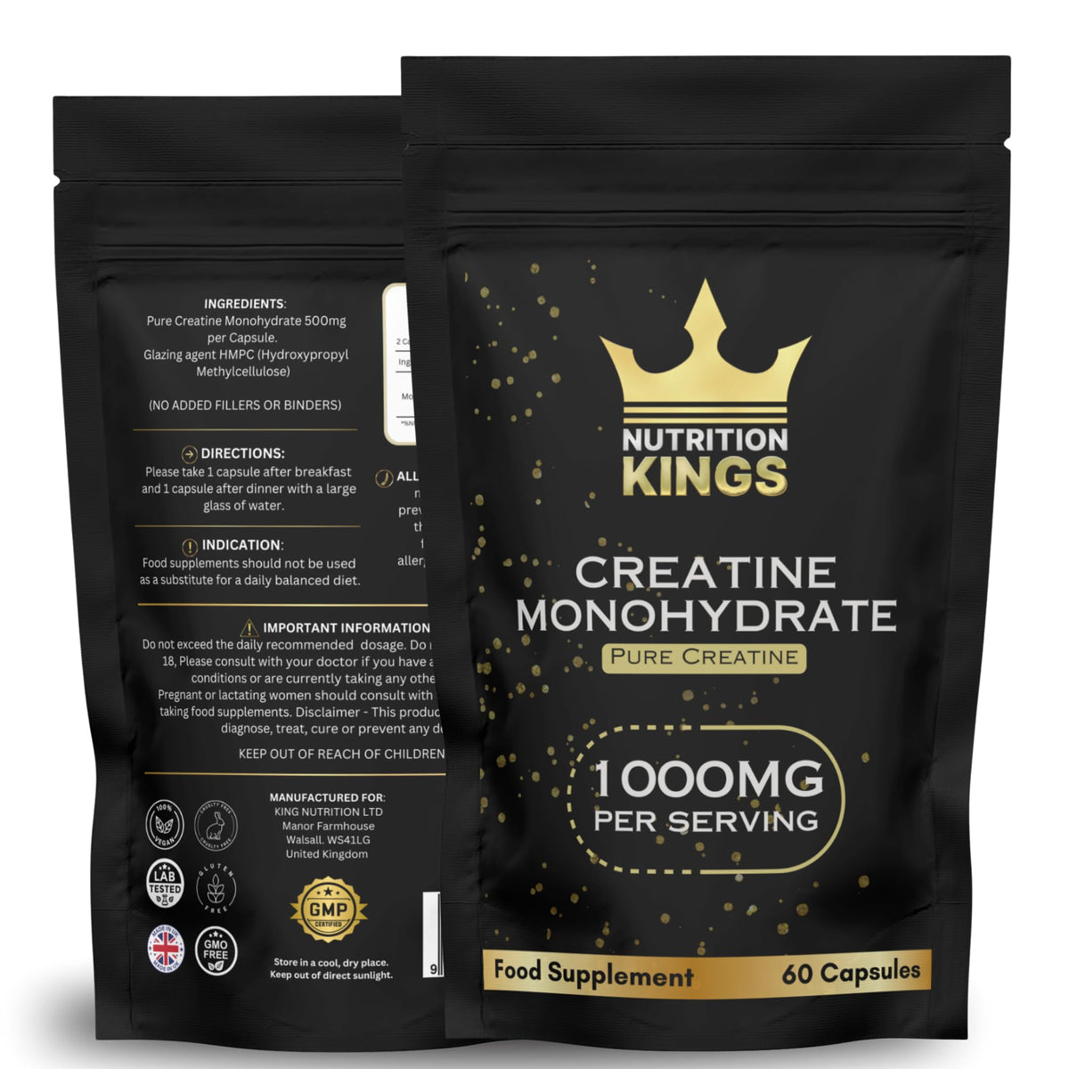 Nutrition Kings Creatine Monohydrate 1000mg – 60 Vegan Capsules – Muscle Growth, Strength, Endurance, Workout Recovery – Vegan Supplement