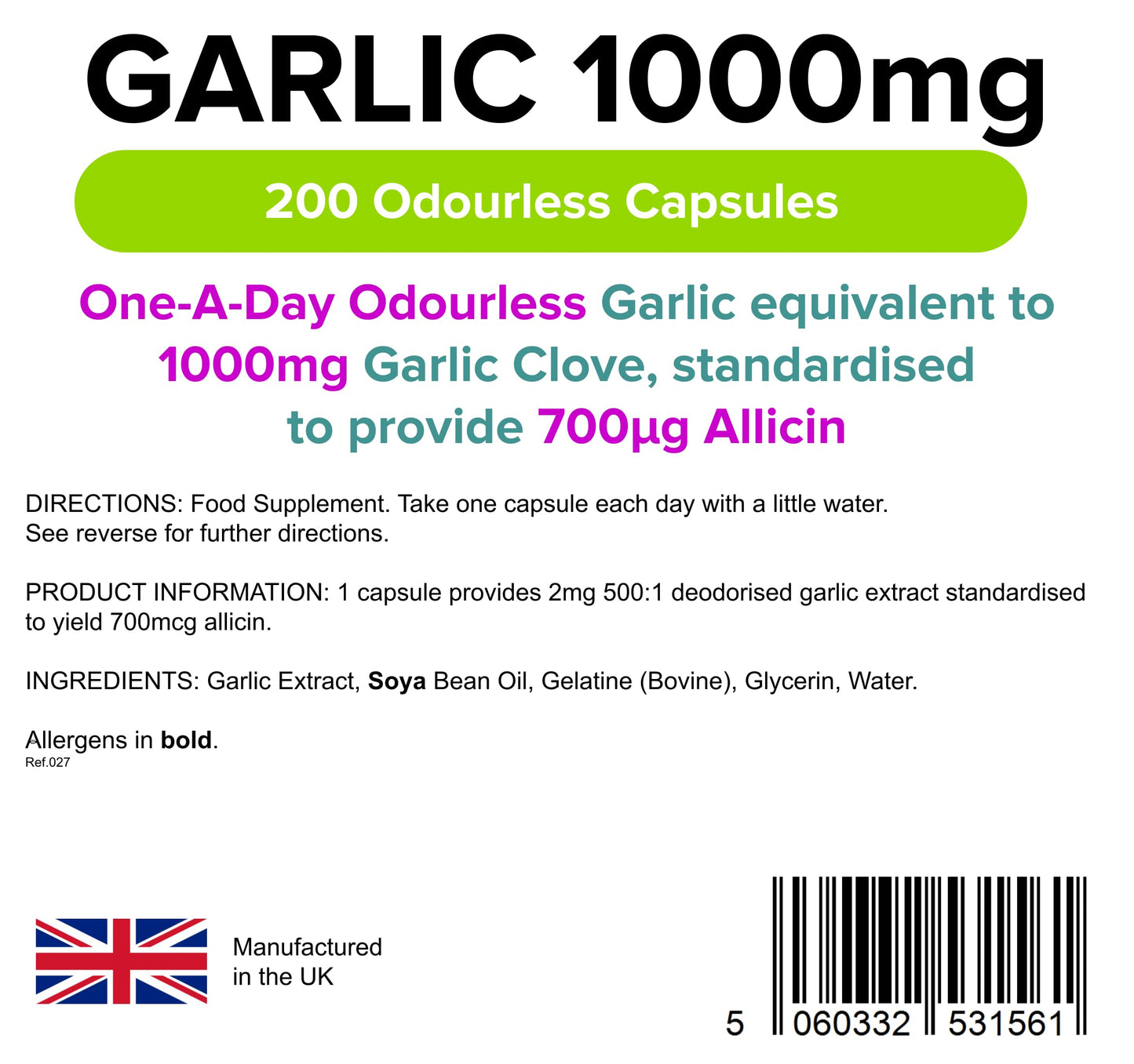 Lindens Garlic 1000mg - 200 Odourless Capsules - Standardised to Provide 700mcg Allicin (Equivalent to 1000mg Fresh Garlic) - 6+ Months Supply - GMP & Letterbox Friendly - UK Made
