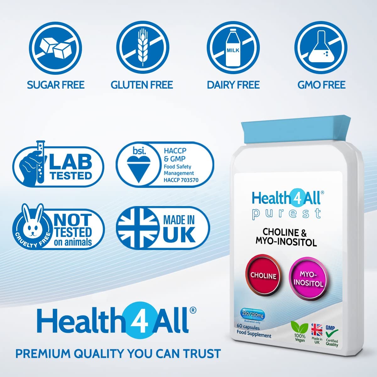 Choline 250 mg & Myo-Inositol 250mg 60 Capsules (V) Purest - Titanium Dioxide Free. Mood, Learning, Memory and Liver Support. Made in The UK by Health4All.