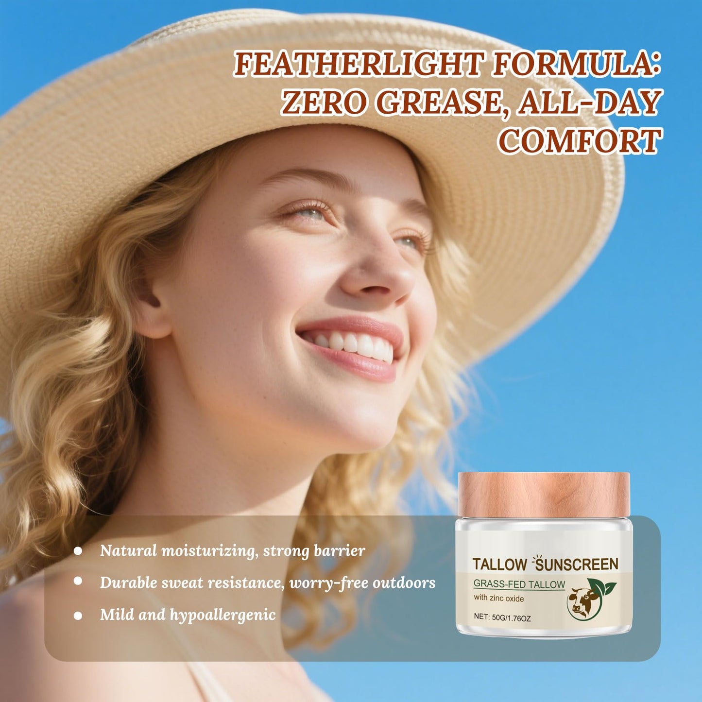 BloomBelle Beef Tallow Sunscreen, Nourishing Face Sun Cream SPF 50, Mineral Sunscreen with Titanium Dioxide, Grass Fed Beef Tallow Skincare for Dry Skin, Lightweight, Non Greasy Refreshing Suncream