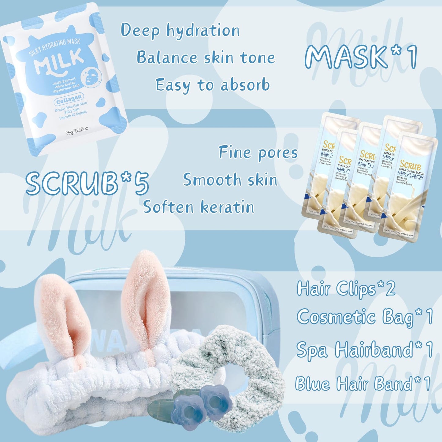 Milk Beauty Gift Sets for Teenage Girls - Milk Skin Care Sets & Kits - Facial Kits for Women with Cleanser,Serum,Cream,Eye Cream,Mask,Scrub,4pcs hair Accessories - Hydrating,Nourish (15pcs)