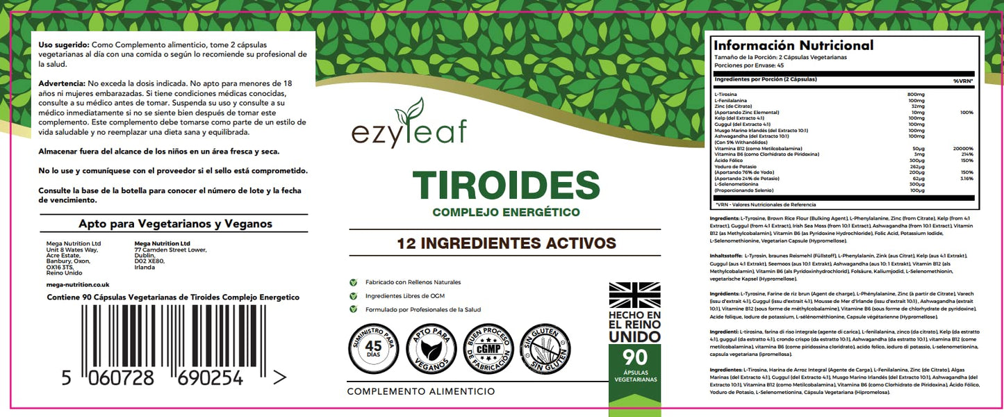 Ezyleaf Thyroid Complex | L Tyrosine Thyroid Support Supplement with Ashwagandha, Iodine, Zinc, Kelp, Sea Moss, Potassium Iodide, Guggul Extract & Selenium | 90 L-Tyrosine Capsules | UK ISO Certified