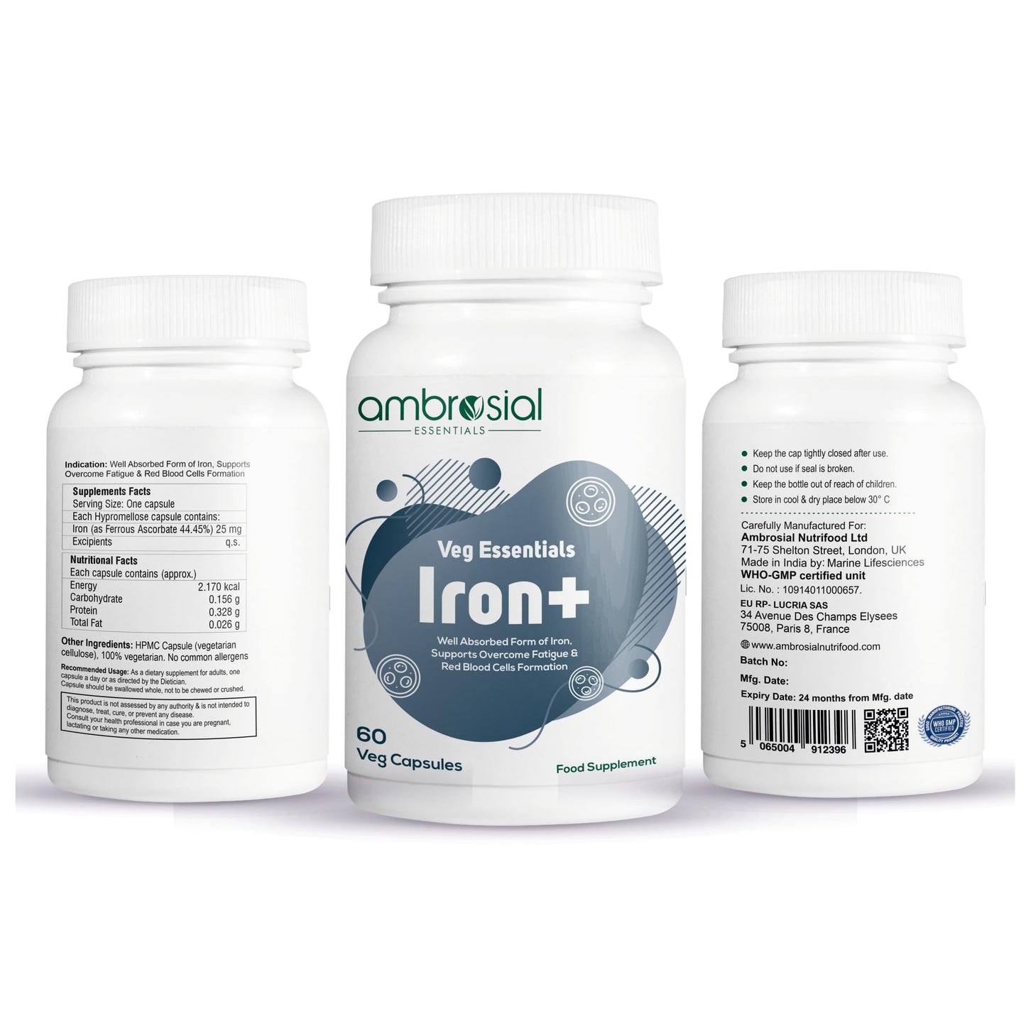 AMBROSIAL Ambrosial Iron Capsules 25mg - High Strength Iron Supplements for Women & Men - Blood Support for Tiredness & Fatigue - Non-Constipating, Enhanced Absorption - Vegan, Gluten Free - 60 Iron Capsules