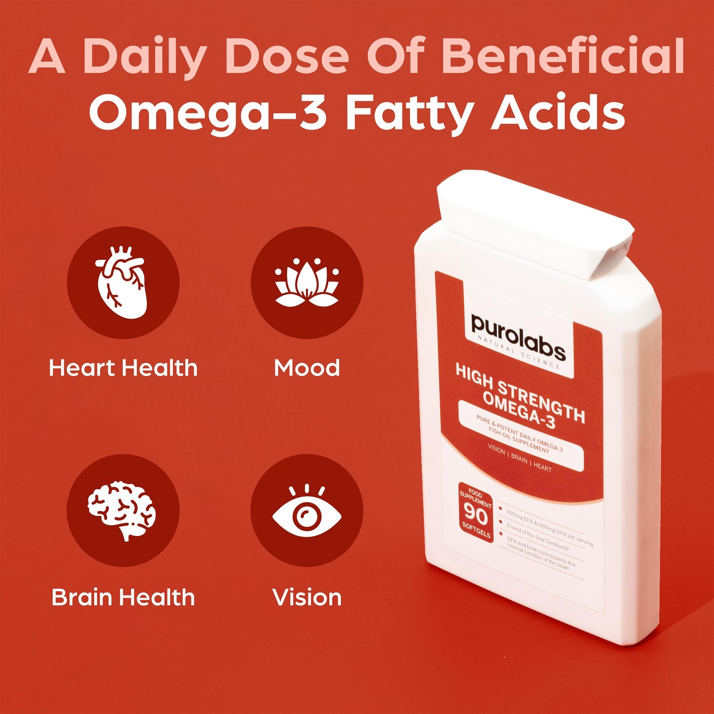 High Strength Omega 3 Fish Oil - 660mg EPA 440mg DHA per Serving. 60 Softgel Capsules for Heart, Brain & Vision - Made in The UK by Purolabs