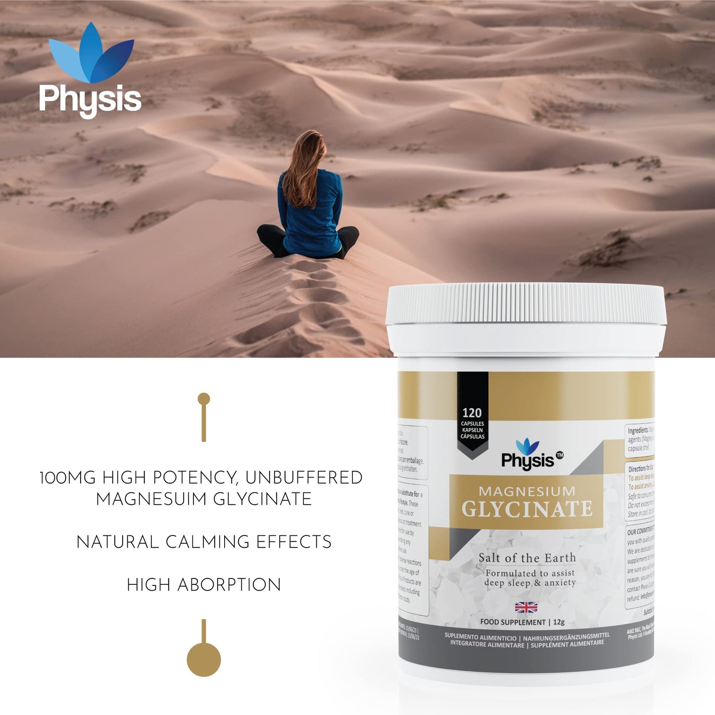 Physis Magnesium Glycinate | 120 Tablets | Vegan Magnesium Supplements for Sleep | 200mg - 400mg Daily | Non GMO, Dairy & Gluten Free | Helps Sleep & Anxiety Assist | High Bioavailability