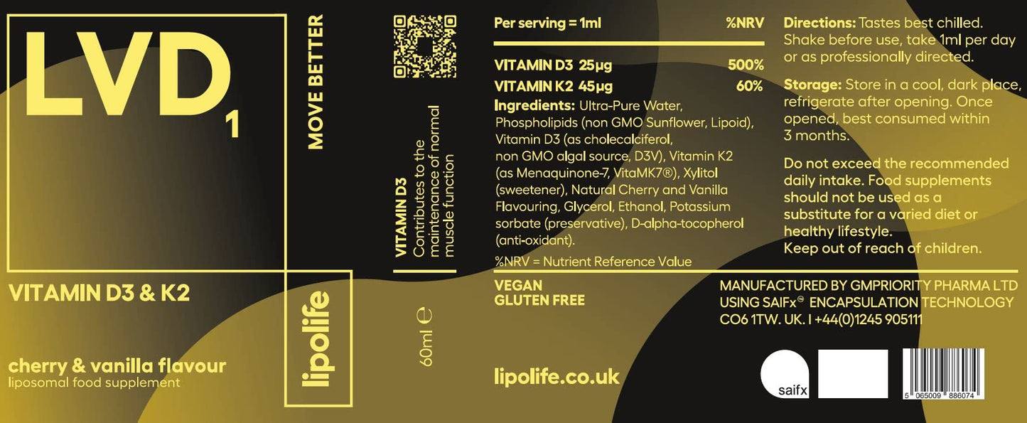 Lipolife LVD1 - Liposomal Vegan Vitamin D3 and Vitamin K2 - Cherry & Vanilla Flavour 60ml - lipolife