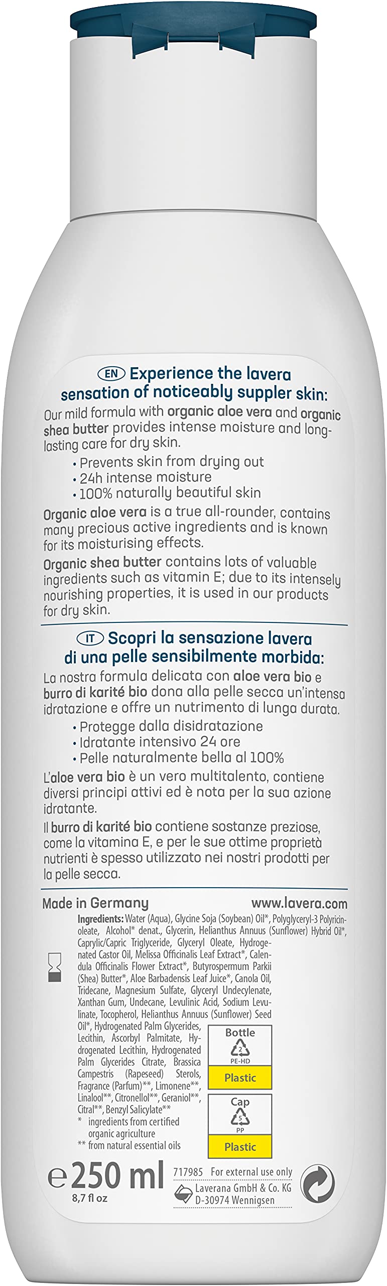 lavera basis sensitiv Body Lotion Rich - Body Lotion with organic Aloe Vera & organic Shea Butter - 24h intense moisture for dry skin - Natural Cosmetics - vegan - organic (1 x 250 ml)