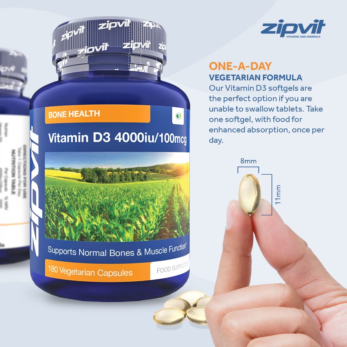 Vitamin D3 4000 iu, 180 Vitamin D Vegetarian Softgels. 6 Months Supply. Vegetarian Society Approved.