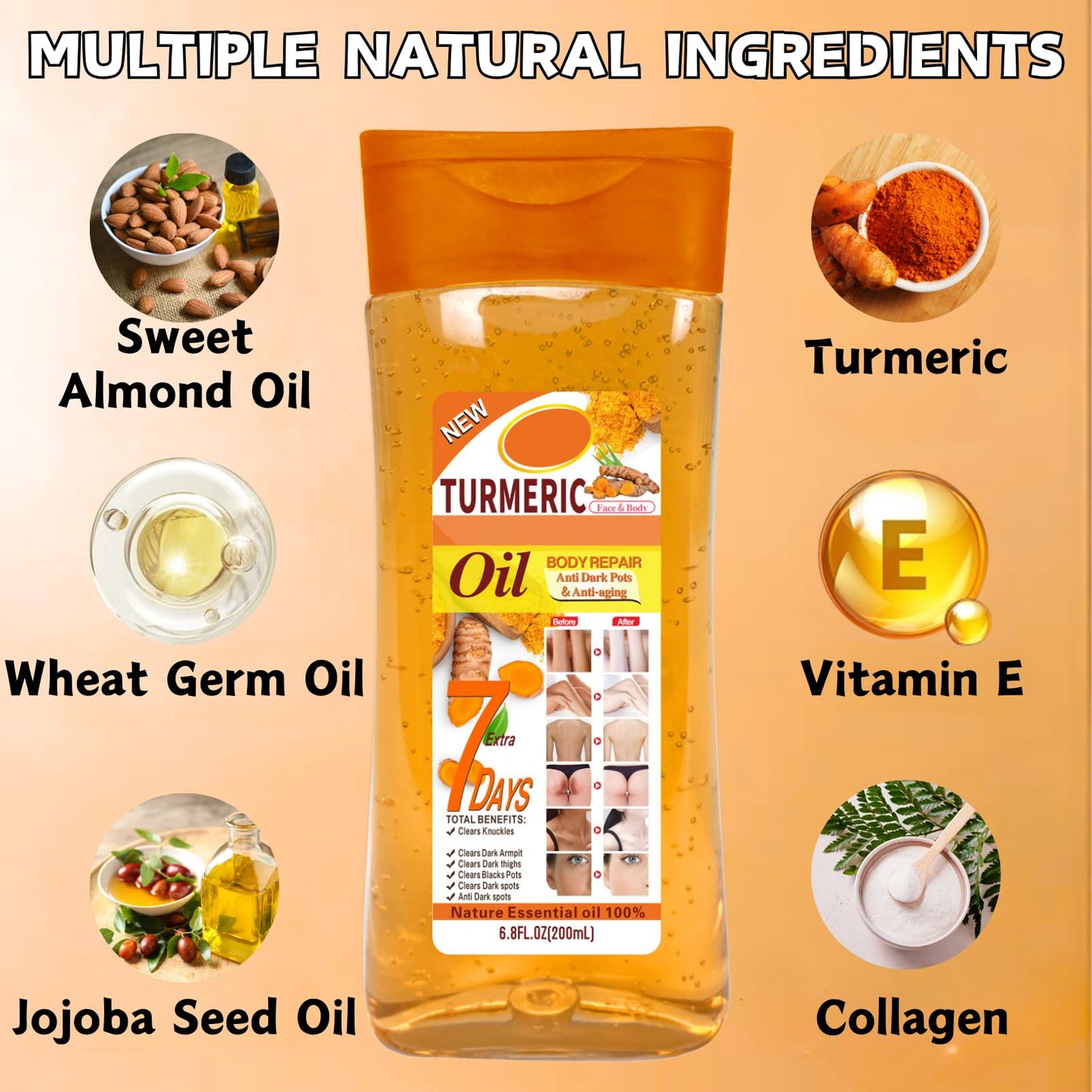 Turmeric Body Oil Gel, Body Oil for Women, Turmeric Massage Oil for Face & Body, Hydrating Nature Essential Oil, Anti Winkle Body Moisturiser, Turmeric Facial Oil Gel for Dark Spots, 200ml