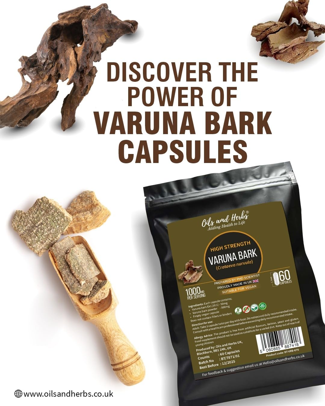High Strength Varuna Bark Capsule- 1000MG- No fillers or Binders- Made in UK- Prepared by Phd Scientist
